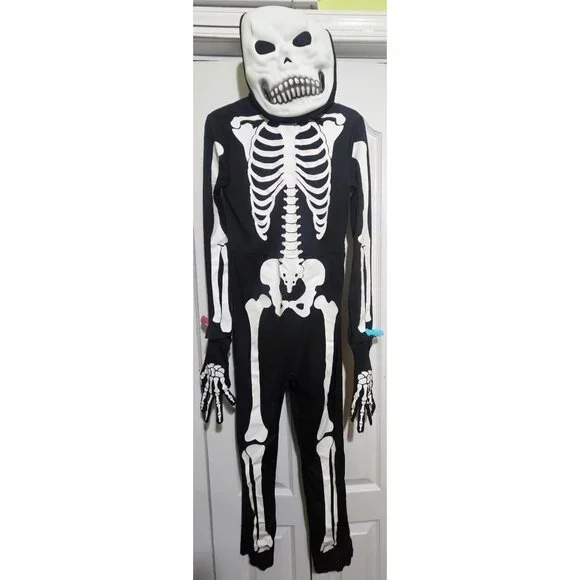 Glow in the Dark Skeleton Costume Kids 8-10 Mask Gloves Skelebones Halloween - Picture 2 of 5